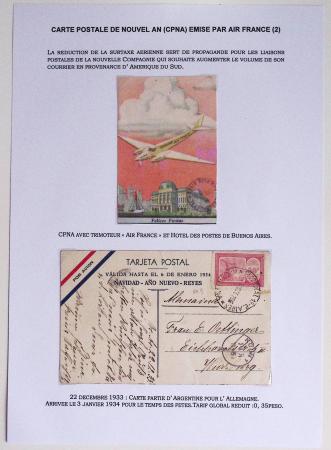 Argentine PA9 OBL Buenos Aires (dec 1933) sur carte postale de Nouvel An : trimoteur Air France survolant l'Hôtel des Postes de Buenos Aires. TB