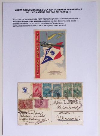 Bresil PA 17 en paire + PA18 + PA19 en paire + PA20, 2 pièces OBL 18.7.36 sur CP couleurs "Air France Brasil - centesima travessia", adressée en Allemagne