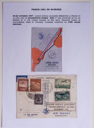 Nov 1937 liaison accélérée France - Amérique du Sud carte spéciale AFF n°321, 10F Atlantique + Chili PA35 + PA40 + PA43 (Muller n°417 Paris Santiago).