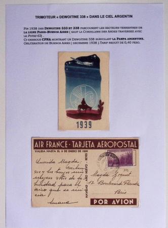 Argentine n°378 OBL Buenos Aires (30 nov 38) sur CP de Nouvel An 1939" (trimoteur D338 survolant un gaucho). TB