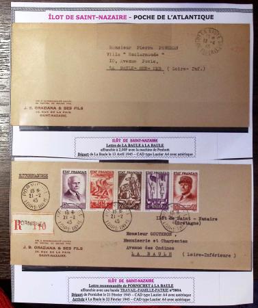 2 env. longues format américain, l'une non AFF OBL La Baule (13.4.45), l'autre AFF n°580A, bande Travail - Famille - Patrie OBL Pornichet (21.2.45). TB