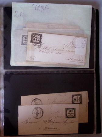 Classeur de lettres diverses dont timbres taxes carrés, timbres de recouvrement sur bordereaux - 61 plis au total