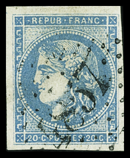 N°45B 20c bleu obl. GC 4857 de Gauriac (Gironde), TB.
