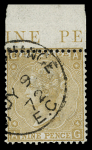 1867 9d Pale straw, top marginal example lettered AG