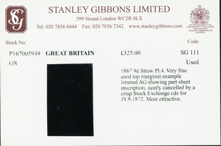 1867 9d Pale straw, top marginal example lettered AG