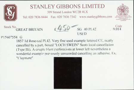 1857 1d Rose-red, plate 42, lettered CE, cancelled