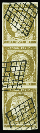 N°1b 10c bistre verdâtre, bande de trois verticale