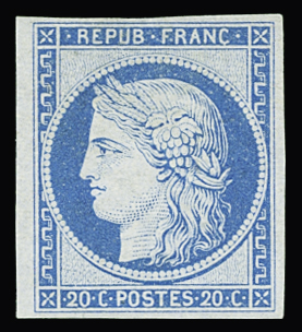 N°37f 20c bleu clair, réimpression Granet, non dentelé,