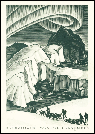 Groenland n°20 + 21 + 22 OBL grand CAD "Gronland departementet" (12.10.50) sur CP aurore boréale avec grand cachet bleu EPF Arctique - Antarctique, date rectifiée 30 aout et signatures J.Nevière et Paul Emile Victor.