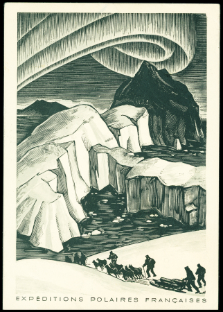 Groenland n°20 + 21 + 22 OBL grand CAD "Gronland departementet" (12.10.50) sur CP aurore boréale avec grand cachet bleu EPF Arctique - Antarctique, date rectifiée 30 aout et signatures J.Nevière et Paul Emile Victor