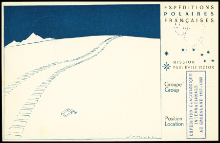 Groenland n°24 OBL CAD "Sdr Stromfjord" (12.7.1958) sur CP Samivel avec cachet rect bleu "Expédition glaciologique internationale au Groenland 1957 - 1960" et signature PEV. TB