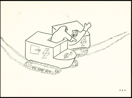 Groenland N°33 OBL Omanak 27.9.1959 sur carte postale PEV (rencontre de 2 véhicules à chenilles) avec griffes EGIG 1957 - 1960 et griffe bleue "Courrier transporté par hélicoptère" adressée à Paul Emile Victor à