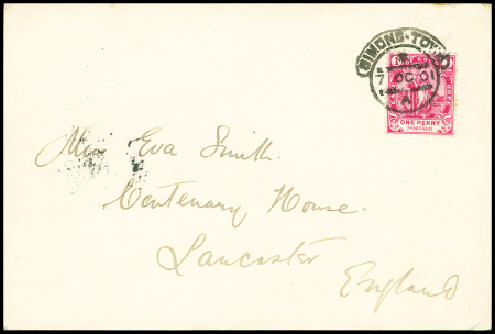 Carte postale (série 3, n°2) avec vue du pont du Discovery et cachet privé "Antarctic Expon 1901 SS Discovery" AFF Cap de Bonne Espérance n°42 OBL "Simons-Town" (7 oct 1901). Rare et TB