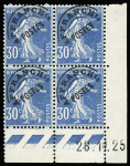 N°60, 30c bleu, 2 blocs de 4 avec coin daté 28.11.25