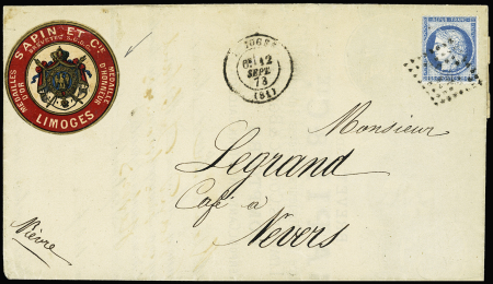 N°60 sur lettre de Limoges 12 sept.1873 pour Nevers,