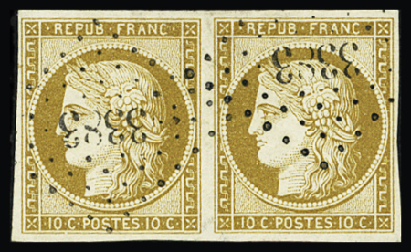 N°1 10c bistre-jaune en paire avec obl. PC 3383 (Toulouse),