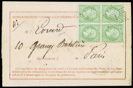 N°20 5c vert en bloc de 4 obl. étoile 1 sur avis de