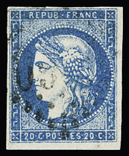 N°44B 20c bleu Type 1 Report 2, obl., TB. Signé JF.Brun