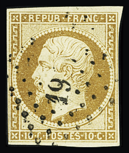 N°9 10c bistre-jaune, obl petits chiffres, minuscule