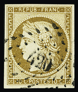 N°1 10c bistre-jaune obl. PC420 de Blois (Loir-et-Cher),