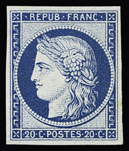 N°37f 20c bleu, réimpression Granet, neuf *, TB. Signé