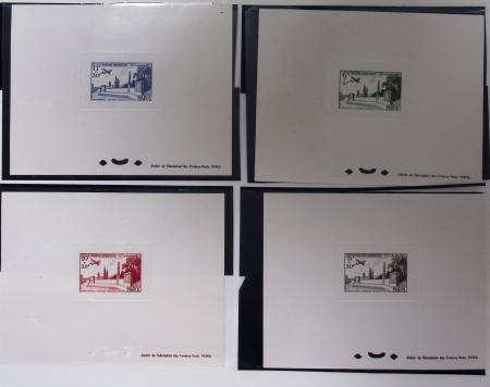 1952, Maroc PA 89 à 92 non émis monument du général Leclerc à Temara + 4 épreuves de luxe individuelles et 1 épreuve collective des 4 timbres + quelques divers Cie du Danube