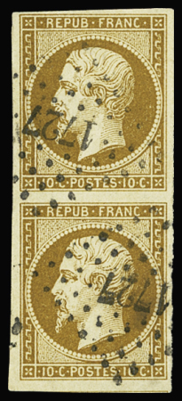 N°9 10c bistre en paire verticale, obl. PC 1727 de