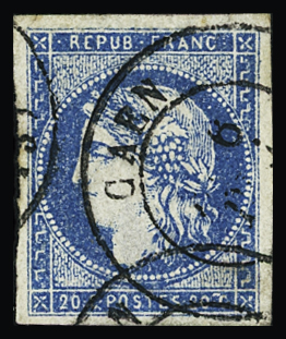 N°44A Type 1 Report 1, 20c bleu obl. CàD T17 Caen (Calvados),