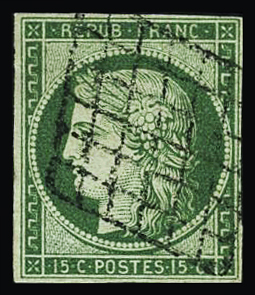 N°2 15c vert, obl. grille, TB. Signé A.Brun