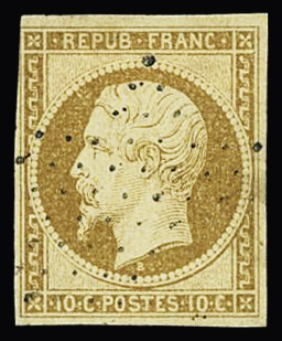 N°9 10c bistre, obl. étoile de Paris, touché en un