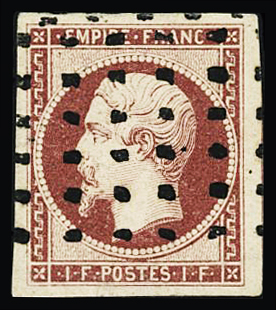 N°18 1f carmin, voisin à droite, obl. gros points carrés,