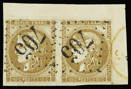 N°43Bd 10c bistre brun, en paire coin de feuille, obl.