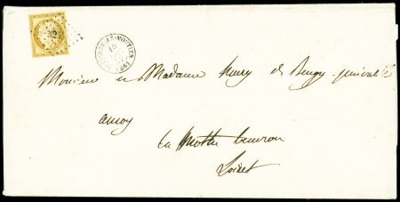 N°1, 10c bistre-jaune, bonnes marges équilibrées, OBL PC 3245 + T15 "St Pierre le Moutier" (1852) sur faire-part de deuil de Louis Antoine Vicomte de Saint Vincent. TB
