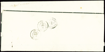 N°1, 10c bistre-jaune, bonnes marges équilibrées, OBL PC 3245 + T15 "St Pierre le Moutier" (1852) sur faire-part de deuil de Louis Antoine Vicomte de Saint Vincent. TB