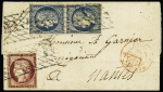 N°4 en paire + n°6 OBL grille sans fin sur lettre de Fort de France (Martinique) pour Nantes par la voie d'Angleterre avec CAD d'entrée rouge "Angl 2 Calais 2" (1852). RR et TB