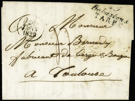 Rabastens de Bigorre : 8 lettres dont cursive double "63 Rabastens Tarbe" (1829 - ind 24) - cursive "63 Rabastens" (1834 - ind 9) et n°3 OBL grille + T15 "Rabastens de Bigorre" (1849 - ind 19). Ensemble rare et TB