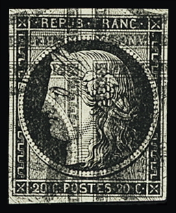 N°3a 20c noir sur blanc, deux essais de feuille de