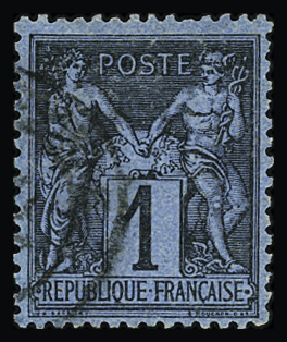 N°84 1c noir sur BLEU DE PRUSSE, obl. càd propre, dents