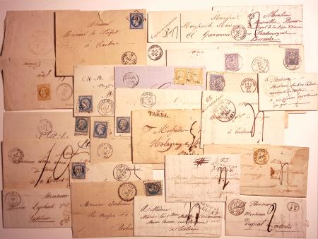 Restant de collection des Hautes Pyrénées. 51 plis dont doubles cursives "63 ST Sauveur Tarbes" (ind 18) et "63 St Sauveur Argellez" (ind 18), n°14 OBL PC 1362 + T22 Galan (1856), n°29 OBL GC 4973 + T24 Ancizan (1870 - i