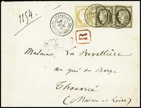 N°56 en paire + n°55 OBL CAD "Versailles chambre des députés" (1876) sur lettre recommandée. Jolie pièce