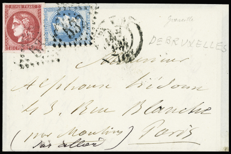 N°29 + 49, 80c jolie nuance groseille OBL GC 532 (Bordeaux) sur enveloppe avec correspondance en provenance de Bruxelles. Les Boules de Moulins en provenance de l'étranger sont rares. TB