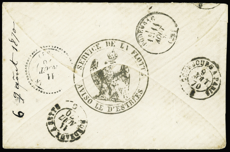 Lettre en franchise avec T17 Cherbourg (aout 1870) + "PP" rouge encadré et au verso cachet noir avec aigle "Service de la flotte aviso le D'Estrées". TB