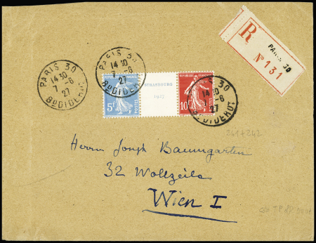 N°241 + 242, paire interpanneaux OBL Paris 30 (1927) sur lettre recommandée pour Vienne (Autriche. TB