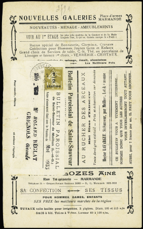 N°279A, 1/2c sur 1c olive OBL "Meilhan s/Garonne Lot et Garonne" (1935) seul sur périodique du 1er échelon. RR et TB
