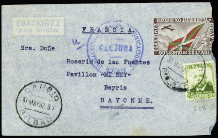 Espagne n°508 OBL "Cambio Bilbao" (1937) sur env. entier postal "Euzkadi por avion" censurée par Bayonne, mal ouverte à droite mais RR ayant voyagé