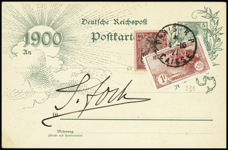 3 documents : Allemagne n°60 + France n°231 OBL CAD "Paris RP Caisse" (1927) sur entier carte postale 5PF Germania avec signature autographe "F.Foch" + carte de visite du maréchal Foch avec 3 mots manuscrits et lettre en
