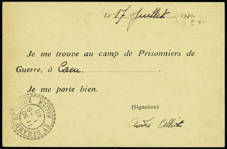 Carte postale FM OBL Caen (17.7.40) avec au verso mention imprimée "Je me trouve au camp de prisonniers de guerre à Caen. Je me porte bien". RR et TB