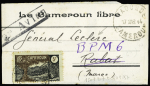 Cameroun n°130 + 107 + 250 + 257 OBL Yaounde (mars 1944) sur bande à en-tête "Le Cameroun libre" adressée au général Leclerc au BPM6. TB