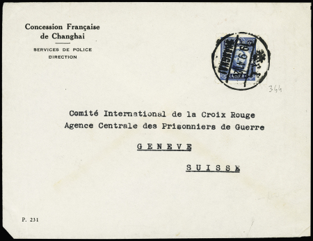 Chine n°344 OBL Shanghaï (9.9.41) sur lettre à en-tête "Concession Française de Changhaï - services de police direction". Rare et TB