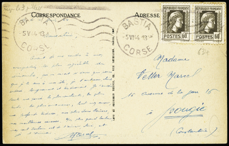 N°634, 60c sépia en paire, OBL mec "Bastia Corse" (5.6.44) sur carte postale. TB